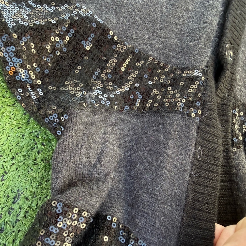 Alice + Olivia Black and Gray 100% Wool Sequin Hooded Button Cardigan Medium - Picture 9 of 10